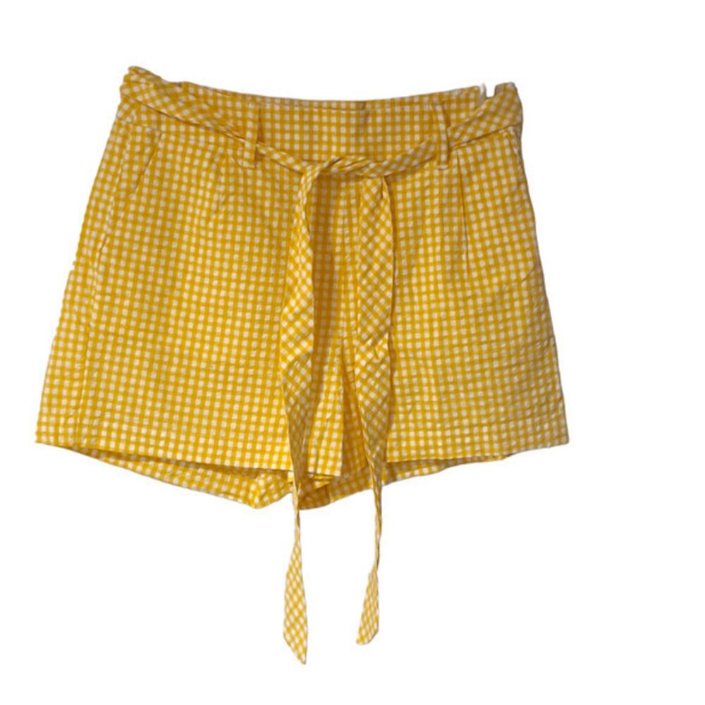 A New Day Womens Yellow & White Checkered Belted Casual Shorts Size 8